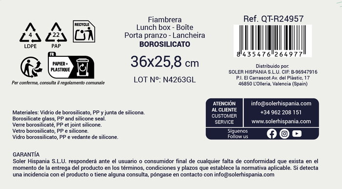 Quttin Fiambrera Extra Rectangular 36 x 25.8 x 11.9 cm / 5.6 Litros, Sin Válvula (4 Unidades)