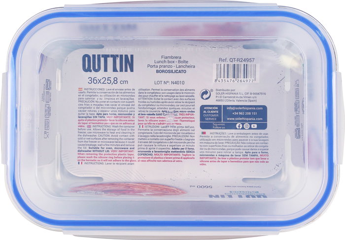 Quttin Fiambrera Extra Rectangular 36 x 25.8 x 11.9 cm / 5.6 Litros, Sin Válvula (4 Unidades)