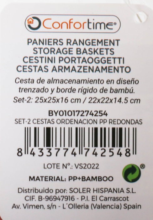 Confortime Set 2 Cestas de Ordenación PP Redondas 25x25x16 cm y 26x26x17 cm (6 Unidades)