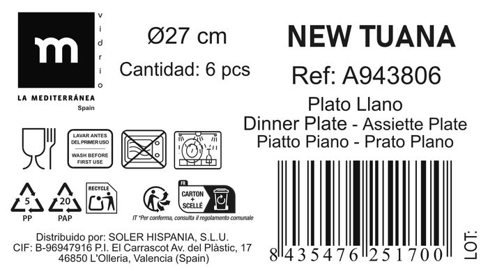 La Mediterranea Plato Llano Ø27 cm Colección New Tuana 27x27x2cm (24 Unidades)
