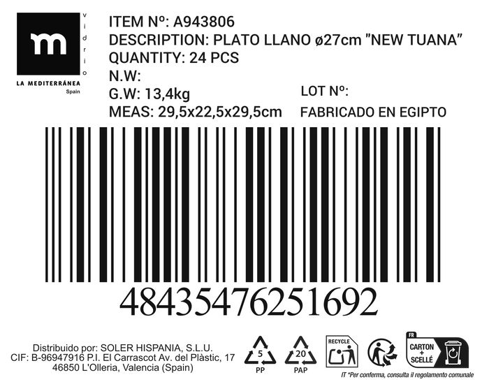 La Mediterranea Plato Llano Ø27 cm Colección New Tuana 27x27x2cm (24 Unidades)