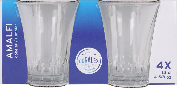 Duralex Juego de 4 Vasos de Vidrio Transparente 13 cl, Colección Amalfi, 6.5 cm de Diámetro x 8.2 cm de Altura (12 Cajas)
