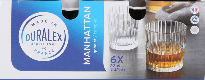 Duralex Set 6 Vasos Transparente Manhattan, 22 cl (8.3 cm de diámetro x 8.5 cm de altura), 7.3 cm de base (12 Cajas)