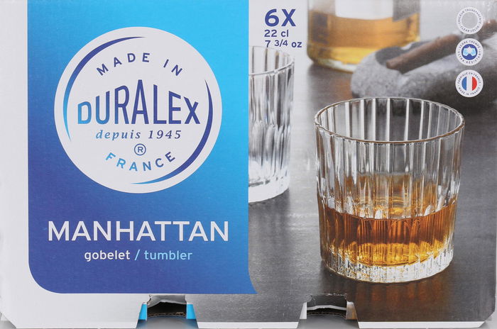 Duralex Set 6 Vasos Transparente Manhattan, 22 cl (8.3 cm de diámetro x 8.5 cm de altura), 7.3 cm de base (12 Cajas)