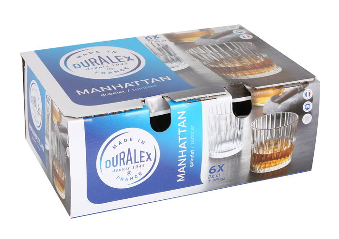 Duralex Set 6 Vasos Transparente Manhattan, 22 cl (8.3 cm de diámetro x 8.5 cm de altura), 7.3 cm de base (12 Cajas)