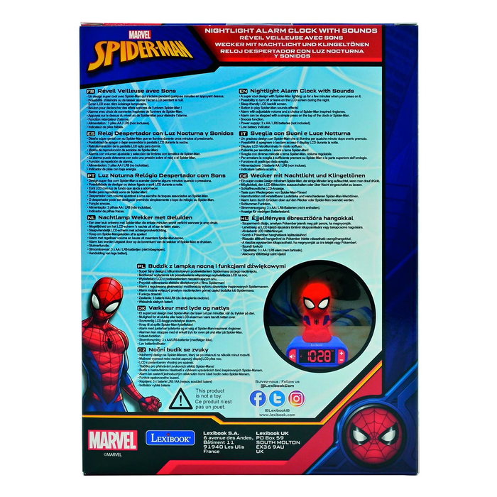 Lexibook Reloj Despertador Spiderman RL800SP con Luz Nocturna y Sonidos Marvel LCD Digital