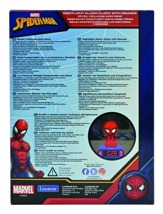 LEXIBOOK Rl800Sp Reloj Despertador Spider-Man con Luz Nocturna, Pantalla LCD Retroiluminada y Sonidos Marvel para Niños +3 Años