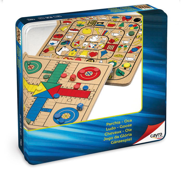 Cayro Juego de Parchís y la Oca de madera en caja de metal