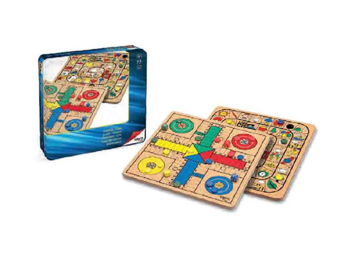 Cayro Juego de Parchís y la Oca de Madera en Caja de Metal - Juego de Mesa Familiar 2 Jugadores, Tablero de 25.5x25.5 cm, Incluye 16 Fichas y 4 Dados