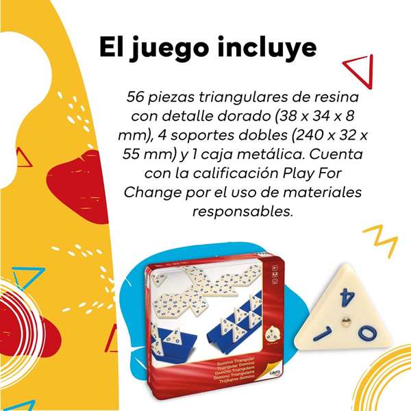 Cayro Juego de Dominó Triangular en Caja de Metal 27 x 27 x 5.7 cm - 56 Fichas y 4 Soportes de Plástico - Para 2 Jugadores (8+ Años)