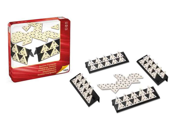 Cayro Juego de Dominó Triangular en Caja de Metal 27 x 27 x 5.7 cm - 56 Fichas y 4 Soportes de Plástico - Para 2 Jugadores (8+ Años)