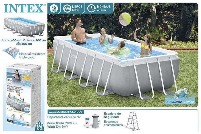 Intex Piscina Rectangular Desmontable Prism Frame 400x200x100cm con Depuradora y Escalera (6836 Litros, +6 años)