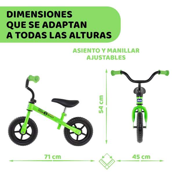 Chicco Bicicleta sin Pedales S Bullet Verde 10 Pulgadas para Niños de 2 a 5 Años Ideal para el Equilibrio