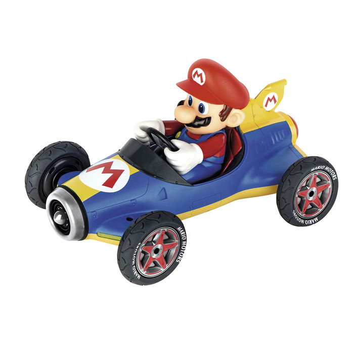 Carrera Mario Kart 8 - Mario Kart RC Mach 8 1:18, Coche de Carreras Control Remoto, Diseño Azul y Amarillo, Hasta 9 km/h, para +6 Años