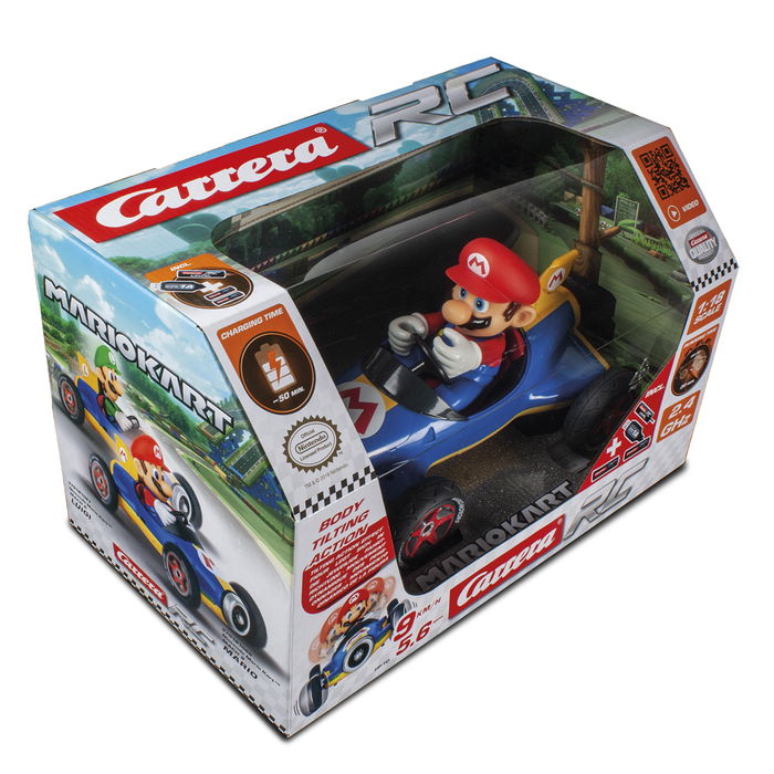 Carrera Mario Kart 8 - Mario Kart RC Mach 8 1:18, Coche de Carreras Control Remoto, Diseño Azul y Amarillo, Hasta 9 km/h, para +6 Años