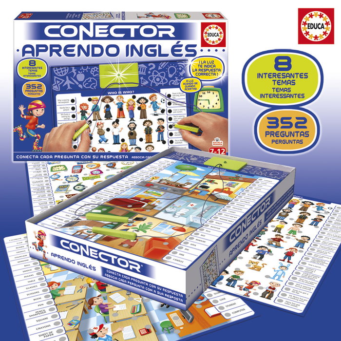 Educa Borrás Juego Conector Aprendo Inglés con 8 Láminas y 352 Preguntas