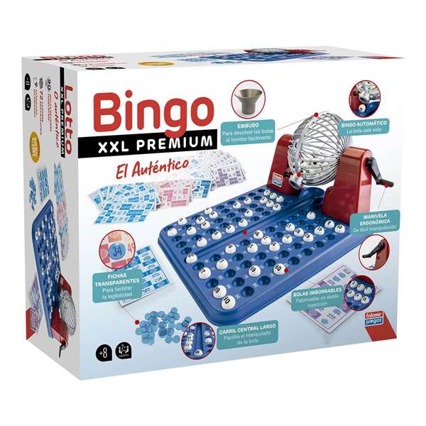 Falomir Bingo XXL Premium, Juego de Bingo con 72 Cartones y Bolas Imborrables, Tamaño 40x33x21 cm, en Español