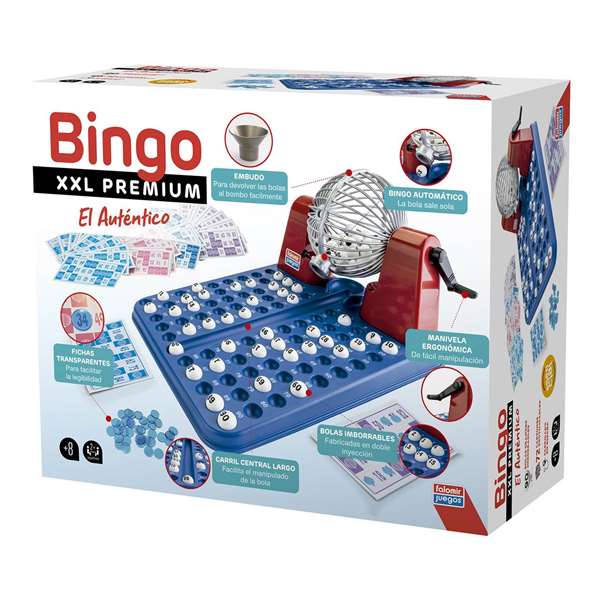 Falomir Bingo XXL Premium, Juego de Bingo con 72 Cartones y Bolas Imborrables, Tamaño 40x33x21 cm, en Español