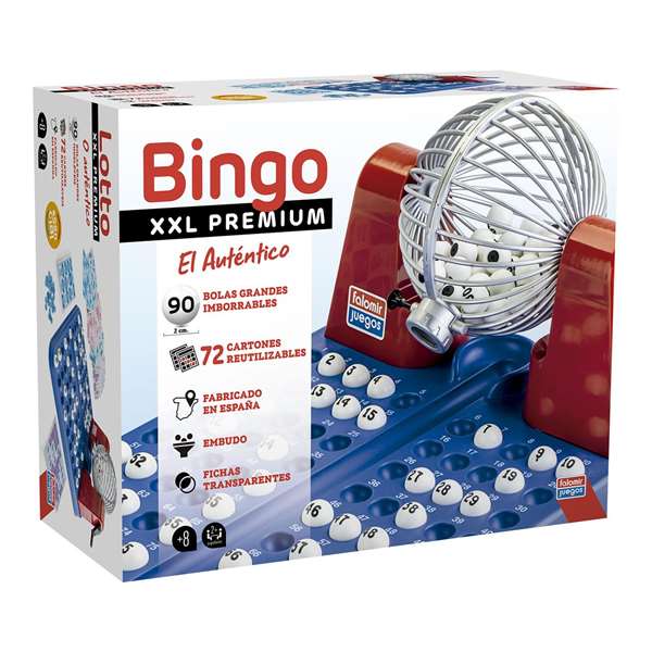 Falomir Bingo XXL Premium, Juego de Bingo con 72 Cartones y Bolas Imborrables, Tamaño 40x33x21 cm, en Español