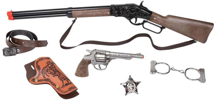 Gonher Set Revolver y Rifle Wild West 498/0 con Pistola 80/0, Cartuchera, Cinturón, Esposas y Estrella Sheriff, Usa Fulminantes 8 Tiros