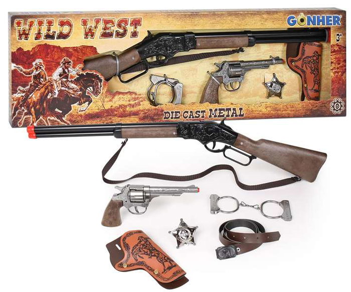 Gonher Set Revolver y Rifle Wild West 498/0 con Pistola 80/0, Cartuchera, Cinturón, Esposas y Estrella Sheriff, Usa Fulminantes 8 Tiros
