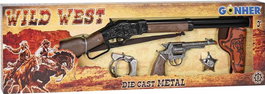 Gonher Set Revolver y Rifle Wild West 498/0 con Pistola 80/0, Cartuchera, Cinturón, Esposas y Estrella Sheriff, Usa Fulminantes 8 Tiros
