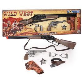 Gonher Set Revolver y Rifle Wild West 498/0 con Pistola 80/0, Cartuchera, Cinturón, Esposas y Estrella Sheriff, Usa Fulminantes 8 Tiros