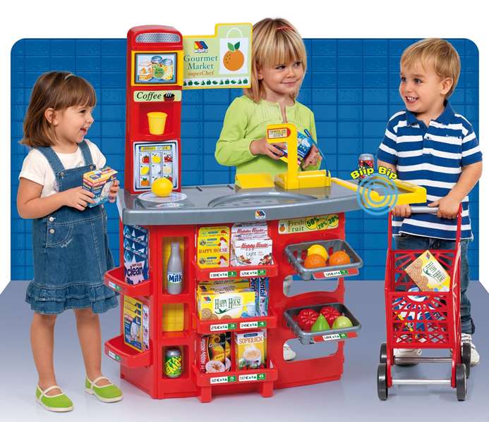 Molto Supermercado con 20 accesorios y carrito de la compra. Scanner con sonido. 103 cm