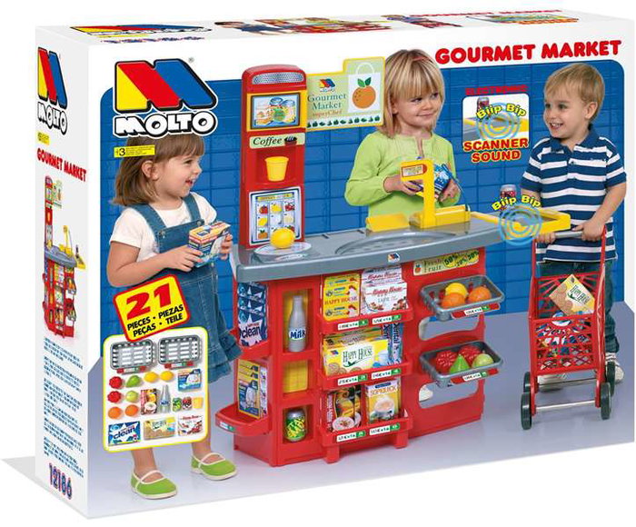 Molto Supermercado con 20 accesorios y carrito de la compra. Scanner con sonido. 103 cm
