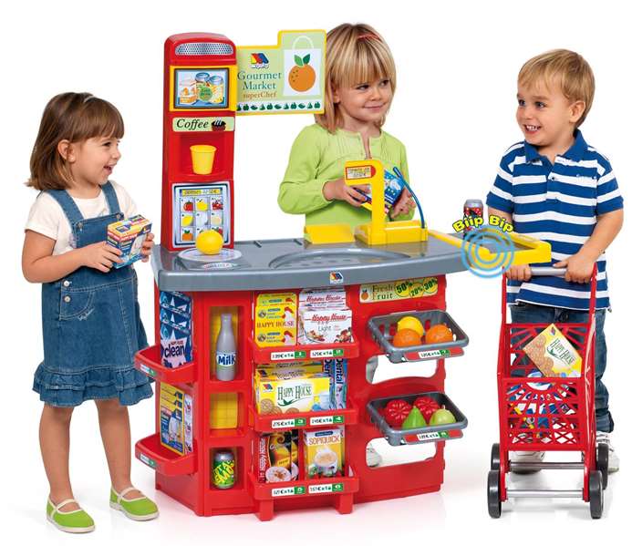 Molto Supermercado con 20 accesorios y carrito de la compra. Scanner con sonido. 103 cm