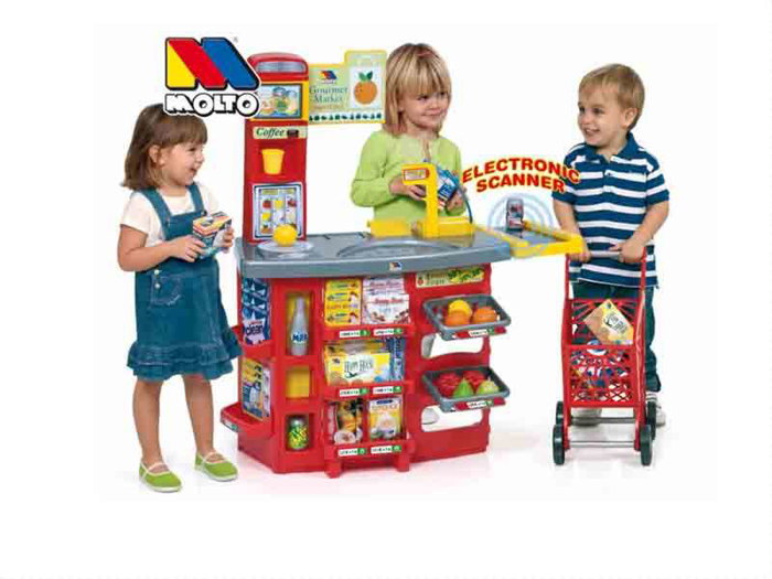 Molto Supermercado con 20 accesorios y carrito de la compra. Scanner con sonido. 103 cm