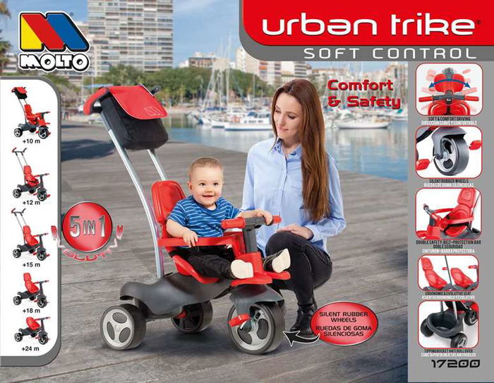 Molto Triciclo Urban Trike Rojo con Palo, Cinturón, Bolsa y Rueda de Goma 98 cm