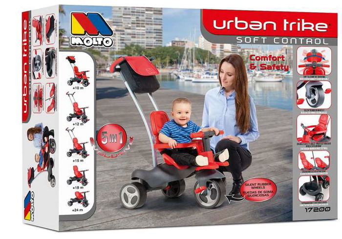 Molto Triciclo Urban Trike Rojo con Palo, Cinturón, Bolsa y Rueda de Goma 98 cm