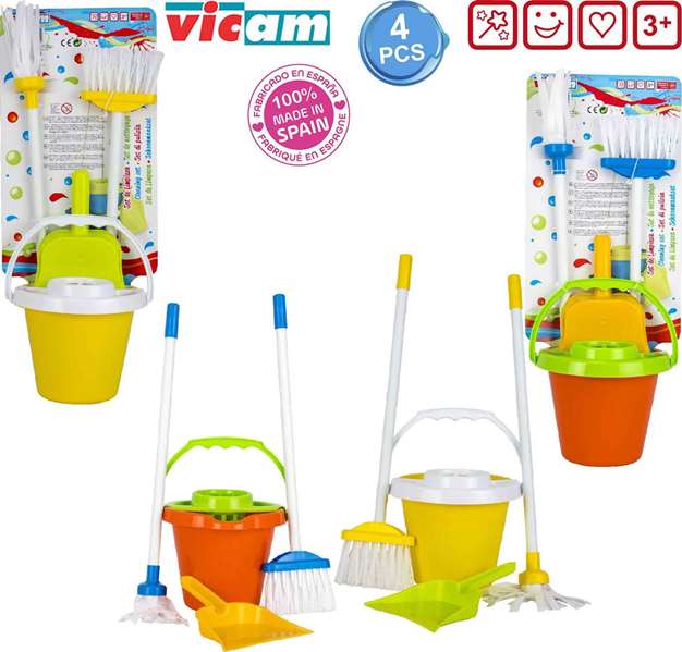 Vicam Conjunto de limpieza infantil escoba, recogedor, cubo y fregona 41x21x18 cm - Modelos surtidos