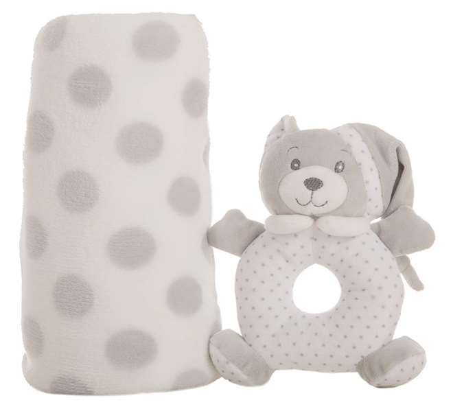 Creaciones Llopis Set Caja Manta Gris 100 x 75 cm + Sonajero 16 cm Poliéster
