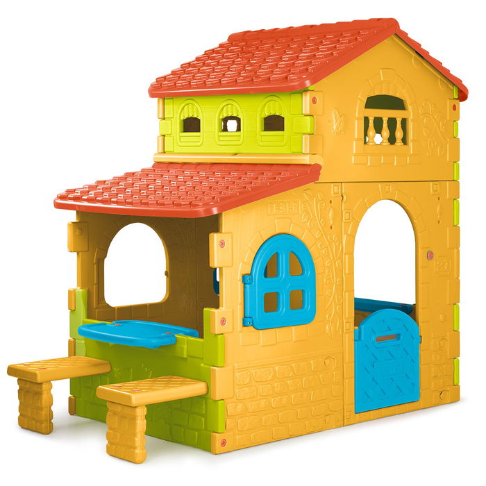 Feber 8/13047 Casita de Juegos Villa para Niños de 3 a 10 Años con Buzón, Ventanas Abatibles y Bandeja de Juegos Interior Espaciosa, Colores Luminosos Resistentes