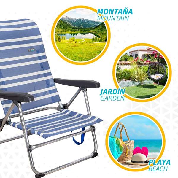 Color Baby Silla de playa Mykonos de aluminio plegable con asa, asiento Textileno, 5 posiciones, Rayas azul marino y blanco, 61x50x85 cm