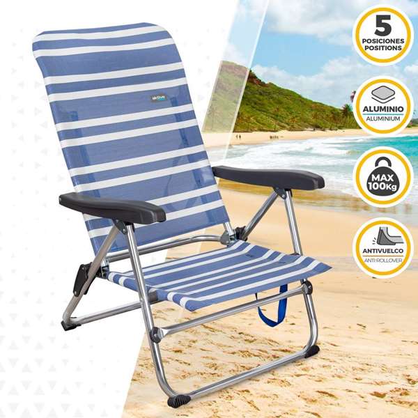 Color Baby Silla de playa Mykonos de aluminio plegable con asa, asiento Textileno, 5 posiciones, Rayas azul marino y blanco, 61x50x85 cm