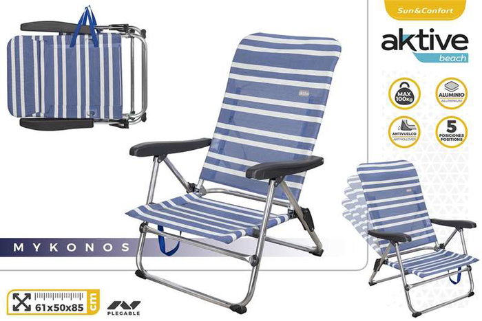 Color Baby Silla de playa Mykonos de aluminio plegable con asa, asiento Textileno, 5 posiciones, Rayas azul marino y blanco, 61x50x85 cm
