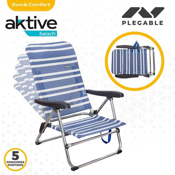 Color Baby Silla de playa Mykonos de aluminio plegable con asa, asiento Textileno, 5 posiciones, Rayas azul marino y blanco, 61x50x85 cm