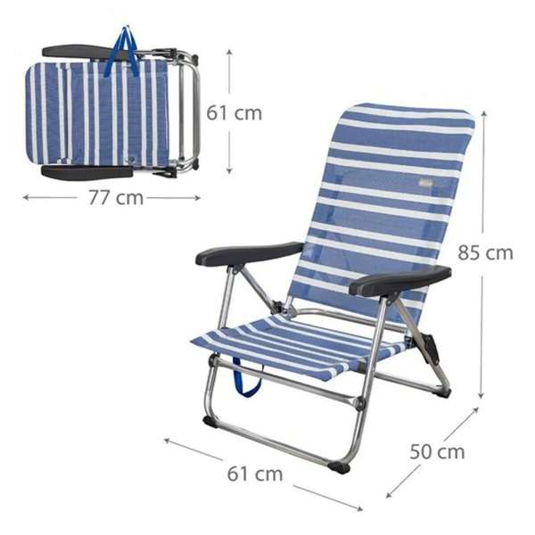Color Baby Silla de playa Mykonos de aluminio plegable con asa, asiento Textileno, 5 posiciones, Rayas azul marino y blanco, 61x50x85 cm