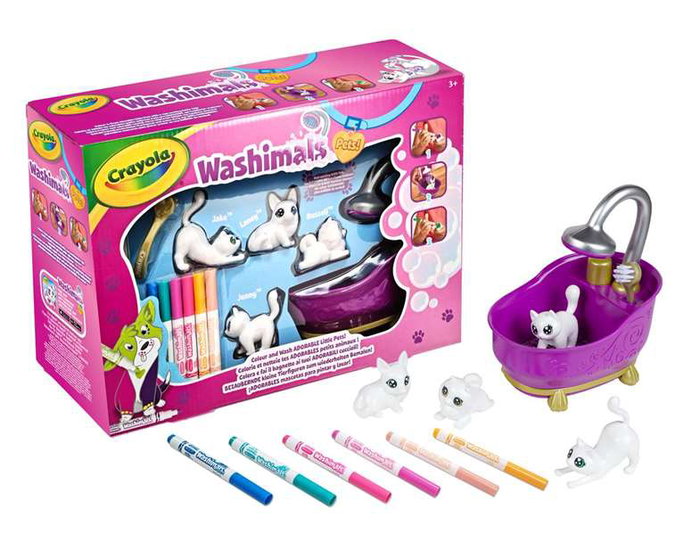 Crayola Bañera Washimals, Juego de Baño con 4 Mascotas Flocadas para Lavar y Decorar, Juguete Reutilizable para Niños 32.5x11.5x24 cm