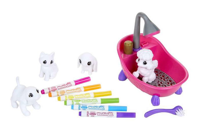 Crayola Bañera Washimals, Juego de Baño con 4 Mascotas Flocadas para Lavar y Decorar, Juguete Reutilizable para Niños 32.5x11.5x24 cm