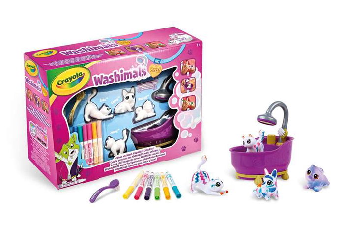 Crayola Bañera Washimals, Juego de Baño con 4 Mascotas Flocadas para Lavar y Decorar, Juguete Reutilizable para Niños 32.5x11.5x24 cm