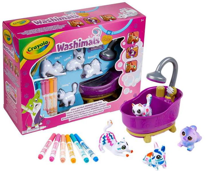 Crayola Bañera Washimals, Juego de Baño con 4 Mascotas Flocadas para Lavar y Decorar, Juguete Reutilizable para Niños 32.5x11.5x24 cm