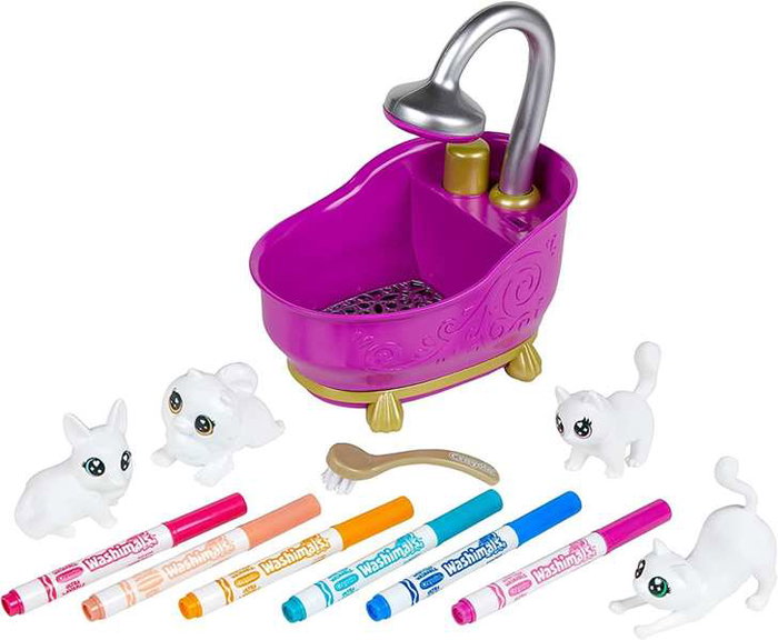 Crayola Bañera Washimals, Juego de Baño con 4 Mascotas Flocadas para Lavar y Decorar, Juguete Reutilizable para Niños 32.5x11.5x24 cm