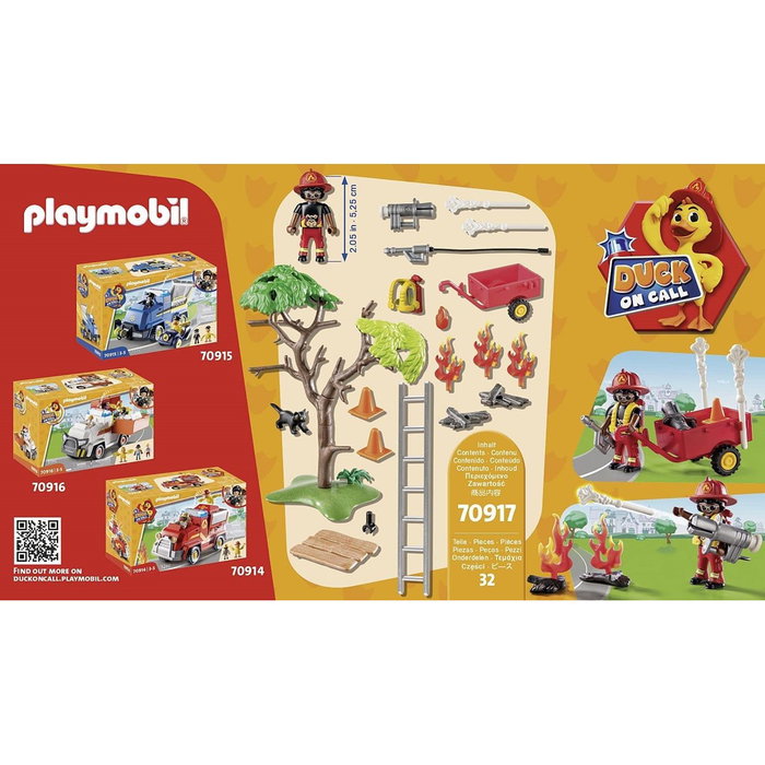 PLAYMOBIL Duck On Call Acción Rescate - Bomberos Set de 32 Piezas con Árbol, Figura Freddy Fire, Gato y Accesorios - Juguete para Niños +3 Años