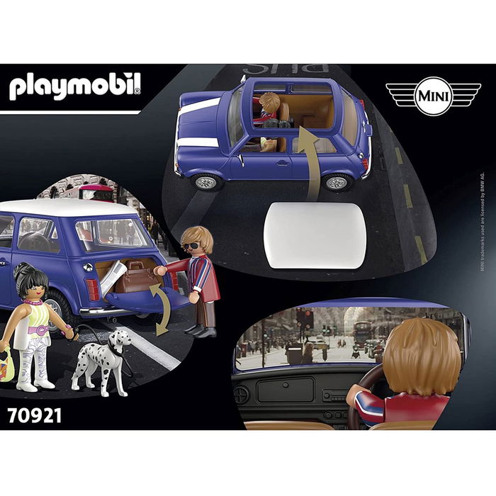 Playmobil Mini Cooper - Set de Coche de Juguete con 4 Figuras, Policía y Accesorios - Escena Londres años 70, Juguete de Colección (18.5 x 10 x 8 cm)