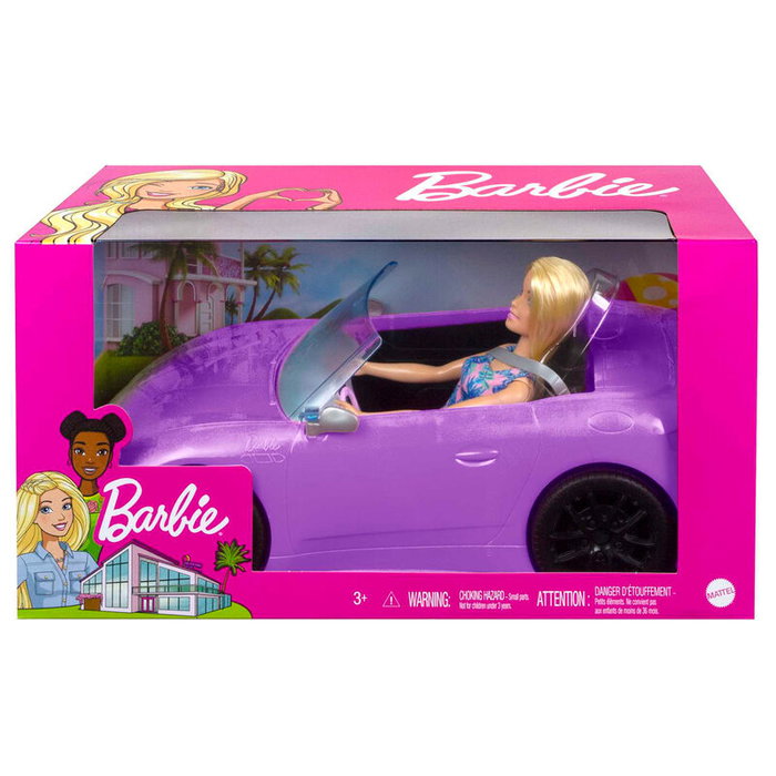Barbie Muñeca y su Descapotable Morado con Detalles Realistas