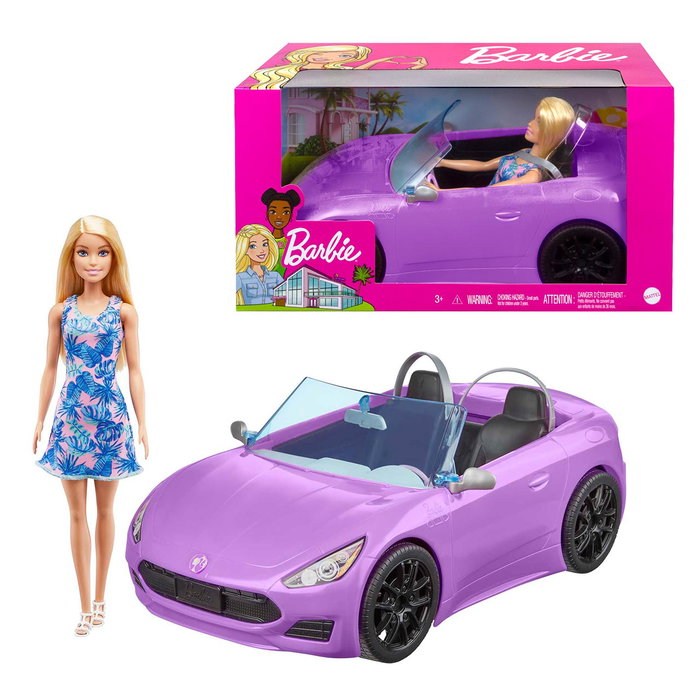 Barbie Muñeca y su Descapotable Morado con Detalles Realistas
